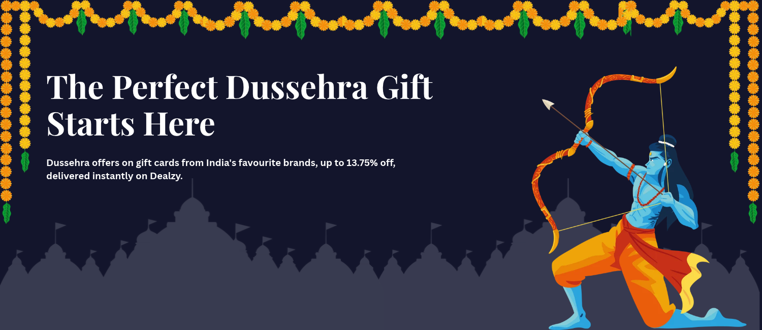 The Perfect Dussehra Gift Starts Here — gift cards from India's favourite brands, up to 13.75% off, delivered instantly on Dealzy.